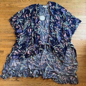 Umgee + Womens XL Blue Tropical Kimono Cardigan Lightweight Beach Swim Cover Up
